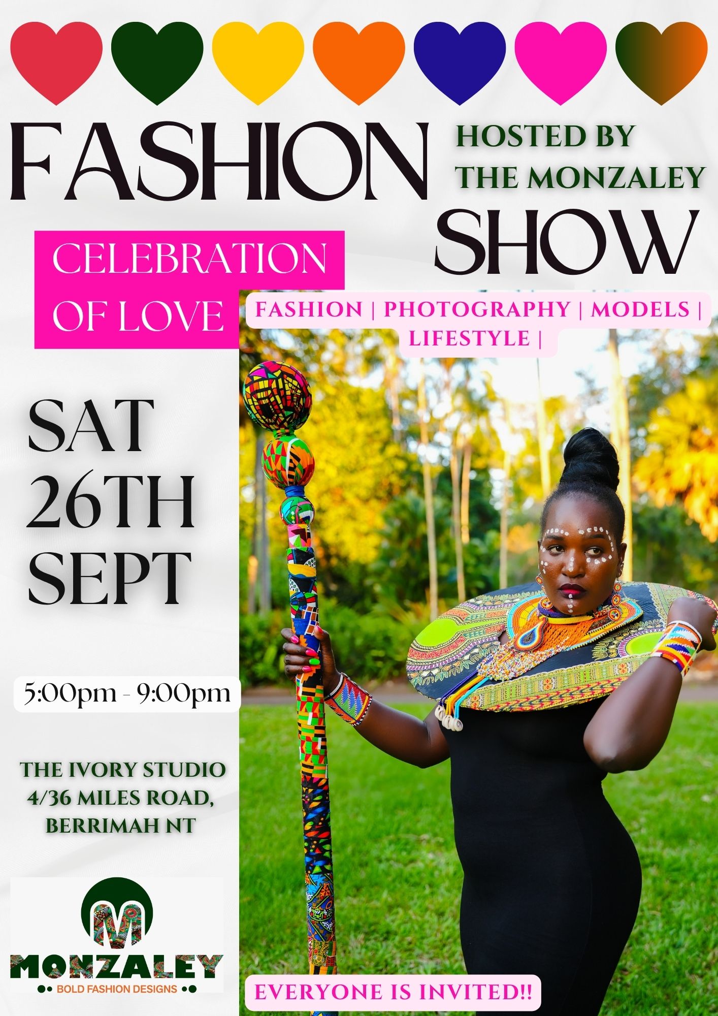 The Monzaley Fashion Show poster — Saturday 26 September 2026, 5–9pm, The Ivory Studio, Berrimah NT